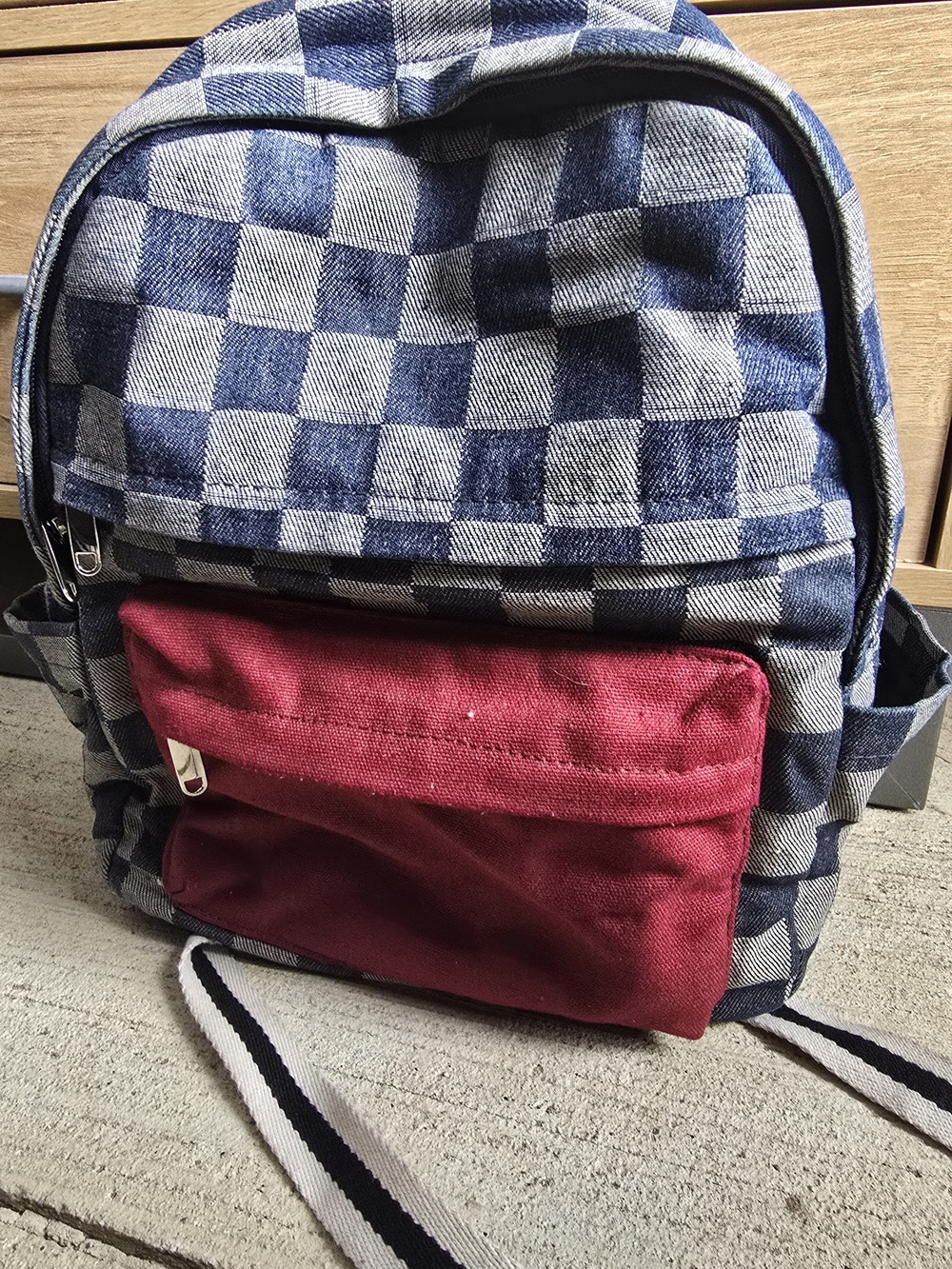 Casual Blue Check & Burgundy Front Pocket Backpack